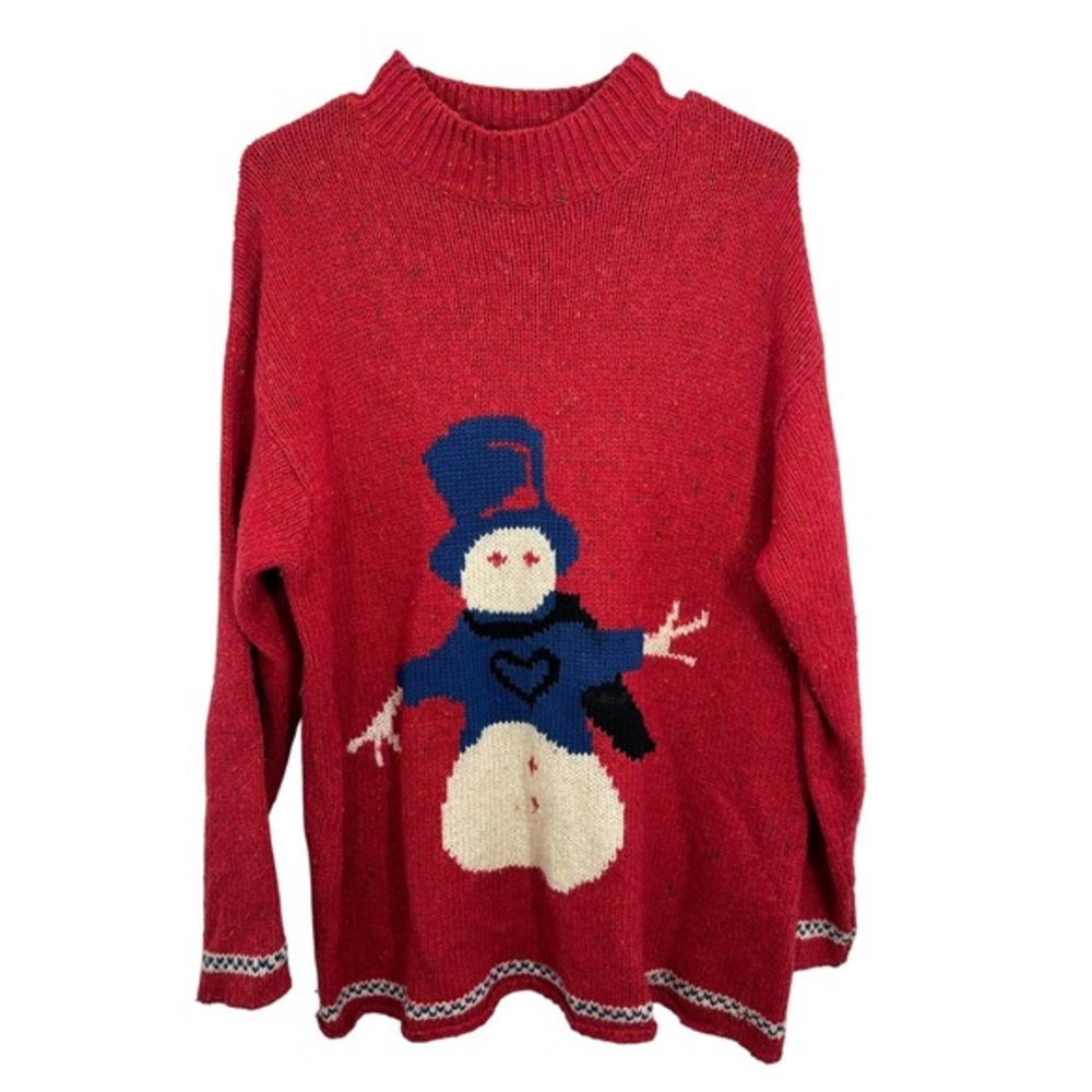 Vintage Northern Isles Red Snowman Mock Neck Knit Sweater Women's L Holiday